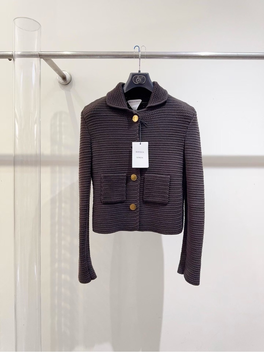 Bottega Veneta Chocolate Brown Cropped Knit Cardigan with Gold Buttons